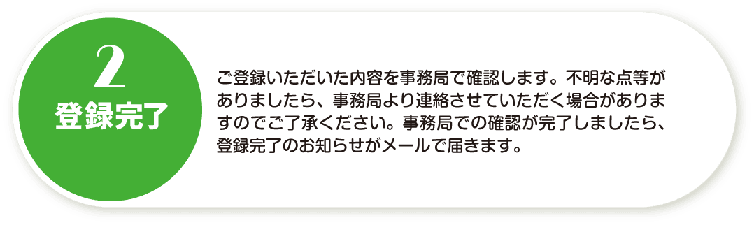 2.登録完了。お申込みいただいた内容を事務局で確認します。不明な点等がありましたら、事務局より連絡させていただく場合がありますのでご了承ください。事務局での確認が完了しましたら、登録完了のお知らせがメールで届きます。